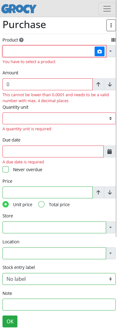 grocy purchase tracking form